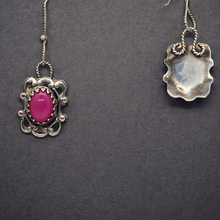 Load image into Gallery viewer, Petite Fine Silver and Electric Pink Rani Chalcedony Scrollwork Frame Earrings