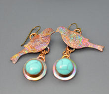 Load image into Gallery viewer, Copper Robin Shaped Earrings with Robin's Egg Turquoise Stone Dangle