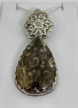 Load image into Gallery viewer, Argentium Silver Floral Turritella Teardrop Agate Pendant