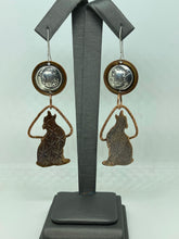 Load image into Gallery viewer, Copper Wolf Howling at the Moon Earrings with Barbed Wire Impression