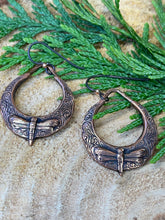 Load image into Gallery viewer, Copper Hoop Dragonfly Impression Earrings