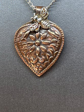Load image into Gallery viewer, Copper Floral Heart with Sterling Silver Bee