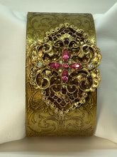 Load image into Gallery viewer, Brass Cuff Bracelet with Vintage Gold Pin with Pink Rhinstones