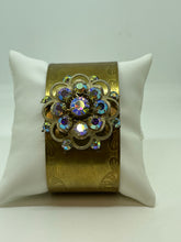 Load image into Gallery viewer, Brass Cuff Bracelet with Stunning Vintage Gold Round Rhinestone Pin