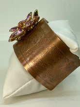 Load image into Gallery viewer, Copper Cuff Bracelet with Vintage Pink Swirl Rhinestone Pin