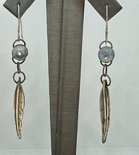 Load image into Gallery viewer, Delicate Fine Silver Feathers and Flashy Blue Moonstone Earrings