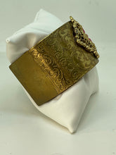 Load image into Gallery viewer, Brass Cuff Bracelet with Vintage Gold Pin with Pink Rhinstones