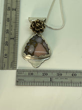 Load image into Gallery viewer, Fine Silver and Trillion Shaped Peruvian Pink Opal Bronze Composite Pendant