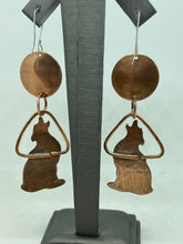 Load image into Gallery viewer, Copper Wolf Howling at the Moon Earrings with Barbed Wire Impression