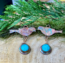 Load image into Gallery viewer, Copper Robin Shaped Earrings with Robin's Egg Turquoise Stone Dangle