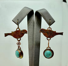 Load image into Gallery viewer, Copper Robin Shaped Earrings with Robin's Egg Turquoise Stone Dangle