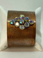 Load image into Gallery viewer, Copper Cuff Bracelet with Vintage Diamond Shaped Rhinestone Pin