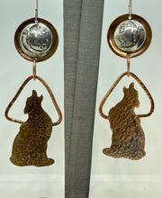 Load image into Gallery viewer, Copper Wolf Howling at the Moon Earrings with Floral Impression