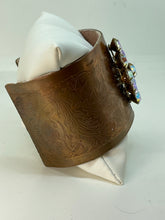 Load image into Gallery viewer, Copper Cuff Bracelet with Vintage Diamond Shaped Rhinestone Pin