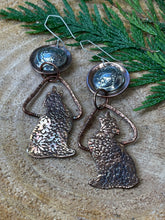 Load image into Gallery viewer, Copper Wolf Howling at the Moon Earrings with Floral Impression