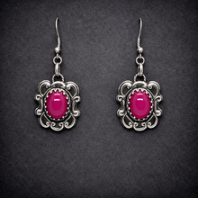 Load image into Gallery viewer, Petite Fine Silver and Electric Pink Rani Chalcedony Scrollwork Frame Earrings
