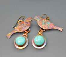 Load image into Gallery viewer, Copper Robin Shaped Earrings with Robin&#39;s Egg Turquoise Stone Dangle
