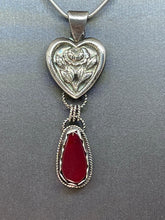 Load image into Gallery viewer, Fine Silver Garden Heart Pendant with Red Rosarita Teardrop Dangle
