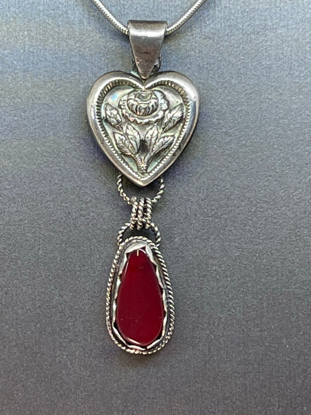 Fine Silver Garden Heart Pendant with Red Rosarita Teardrop Dangle