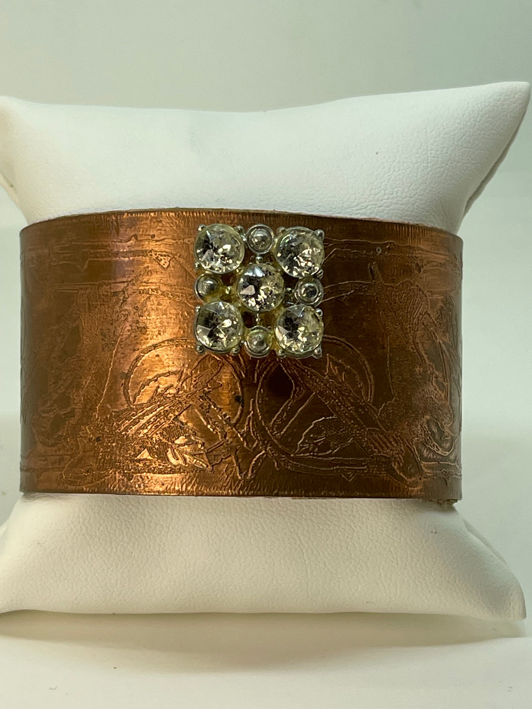 Copper Cuff Bracelet with Vintage Small Square Rhinestone Button