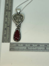Load image into Gallery viewer, Fine Silver Garden Heart Pendant with Red Rosarita Teardrop Dangle
