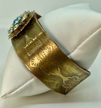 Load image into Gallery viewer, Brass Cuff Bracelet with Vintage Blue White Gold Pin
