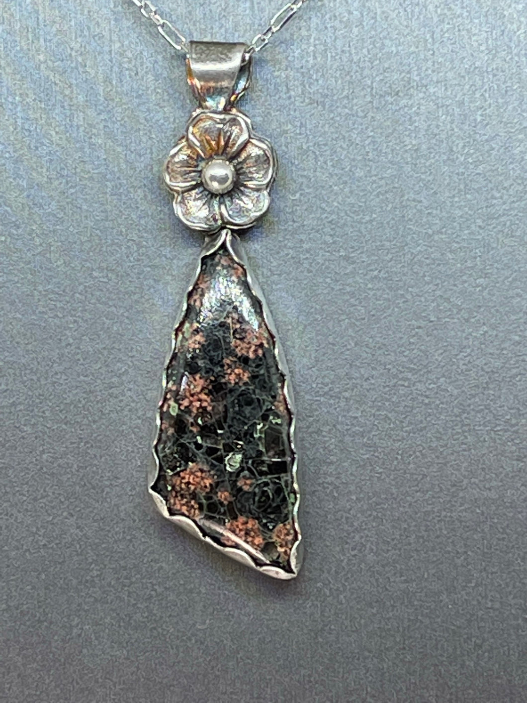 Fine Silver Pendant with Asymmetrical Drop of Black and Pink Poppy Jasper