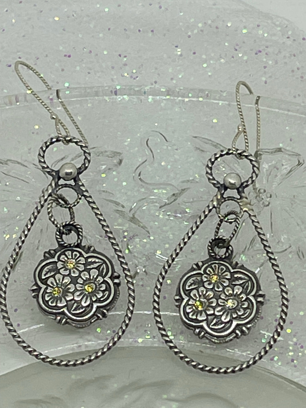 Sterling Silver Wire Twist Teardrop Floral Dangle Earrings