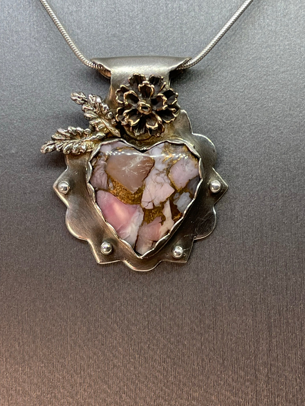 Fine Silver Pendant with Pink Opal and Bronze Composite Heart