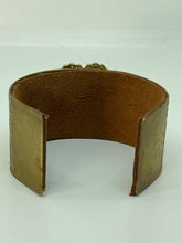 Load image into Gallery viewer, Brass Cuff Bracelet with Vintage Gold Pin with Pink Rhinstones

