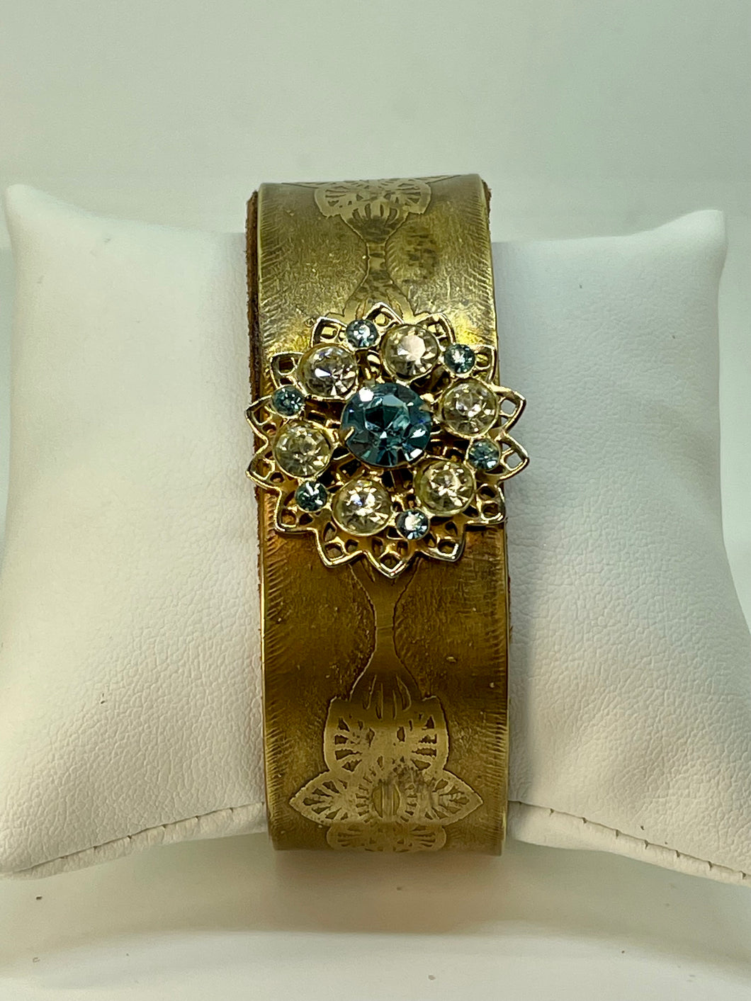 Brass Cuff Bracelet with Vintage Blue White Gold Pin