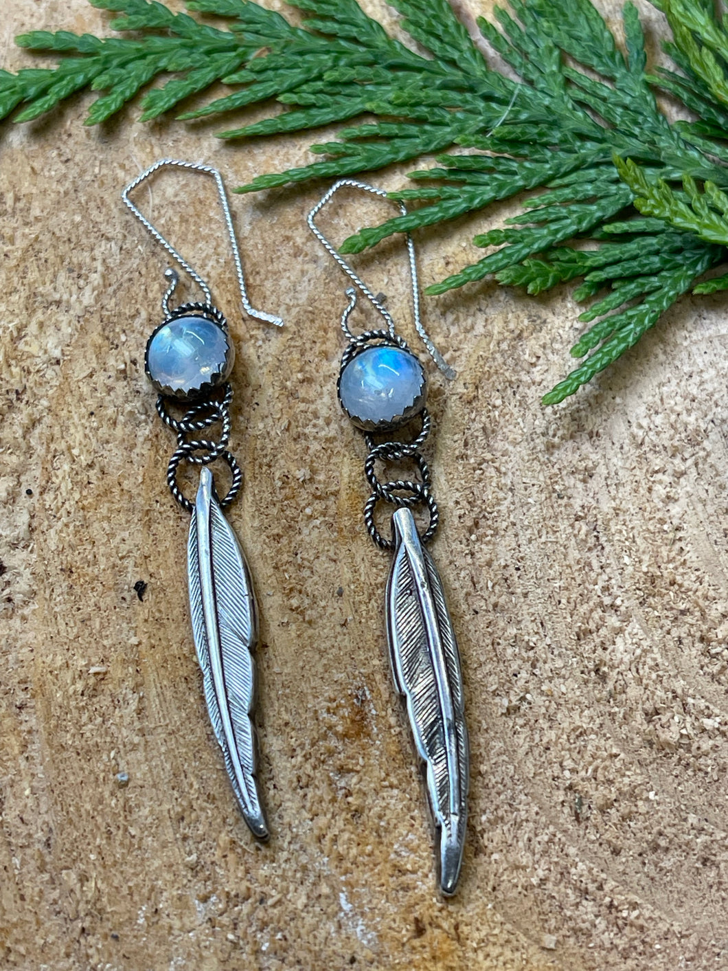 Delicate Fine Silver Feathers and Flashy Blue Moonstone Earrings