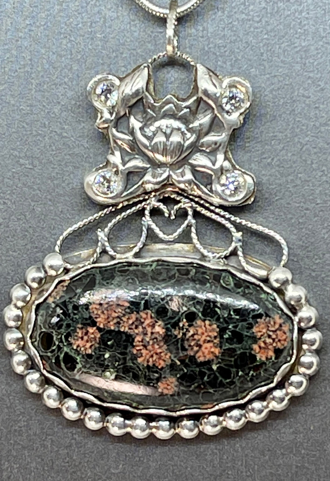 Ornate Argentium Silver and Black Poppy Jasper Pendant