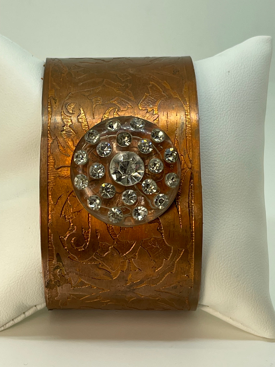Copper Cuff Bracelet with Round Clear Rhinestone Button