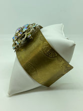 Load image into Gallery viewer, Brass Cuff Bracelet with Stunning Vintage Gold Round Rhinestone Pin
