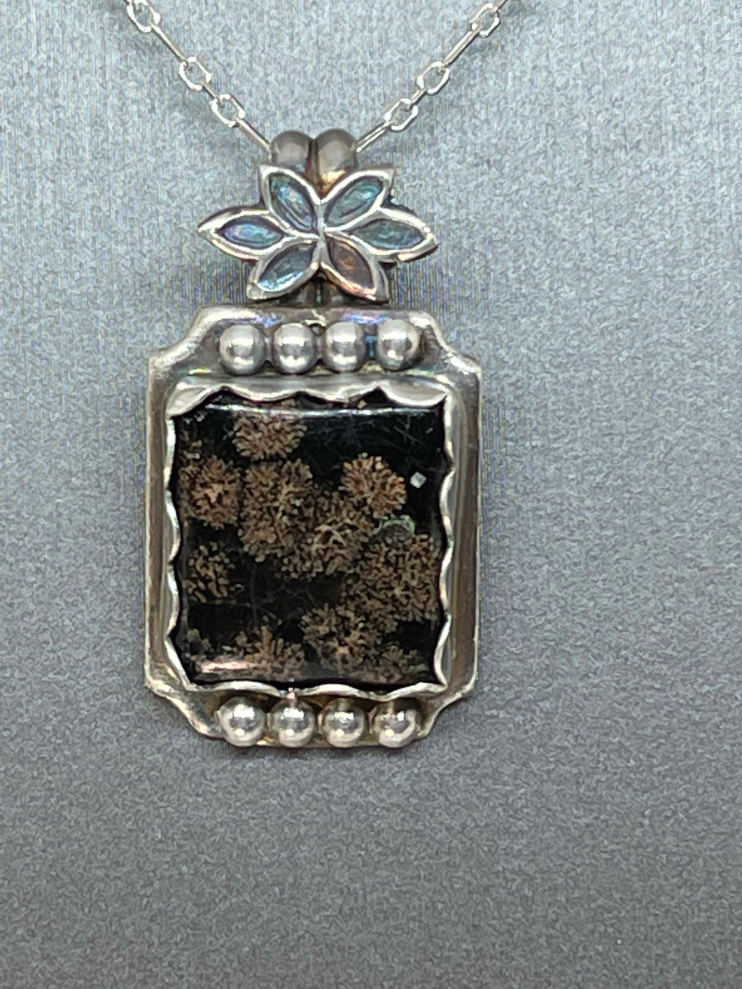 Fine Silver Pendant with Square Black and Pink Poppy Jasper