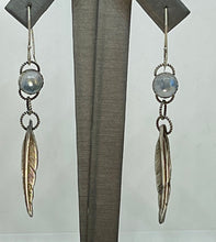 Load image into Gallery viewer, Delicate Fine Silver Feathers and Flashy Blue Moonstone Earrings
