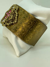 Load image into Gallery viewer, Brass Cuff Bracelet with Vintage Gold Pin with Pink Rhinstones
