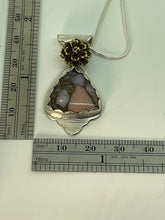 Load image into Gallery viewer, Fine Silver and Trillion Shaped Peruvian Pink Opal Bronze Composite Pendant
