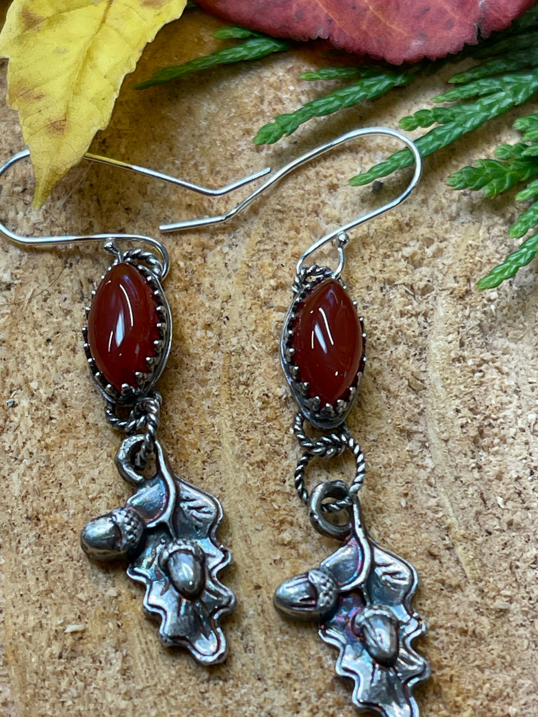 Silver Oak Leaf and Acorn Earrings with Red Onyx Stone