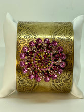 Load image into Gallery viewer, Brass Cuff Bracelet with Vintage Pink Round Rhinestone Pin
