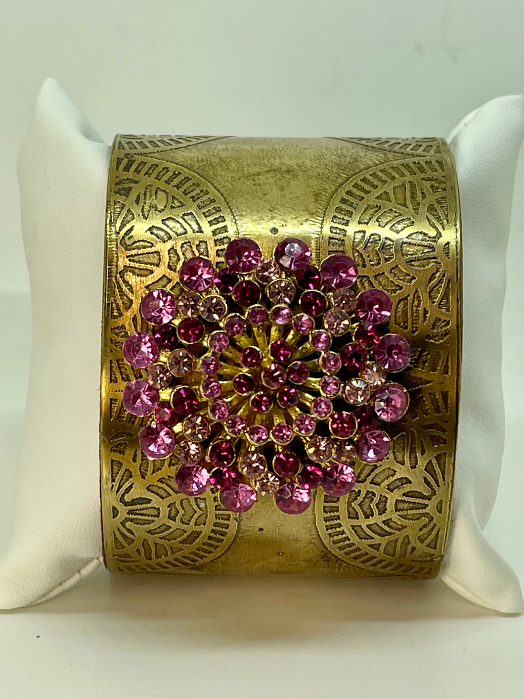 Brass Cuff Bracelet with Vintage Pink Round Rhinestone Pin