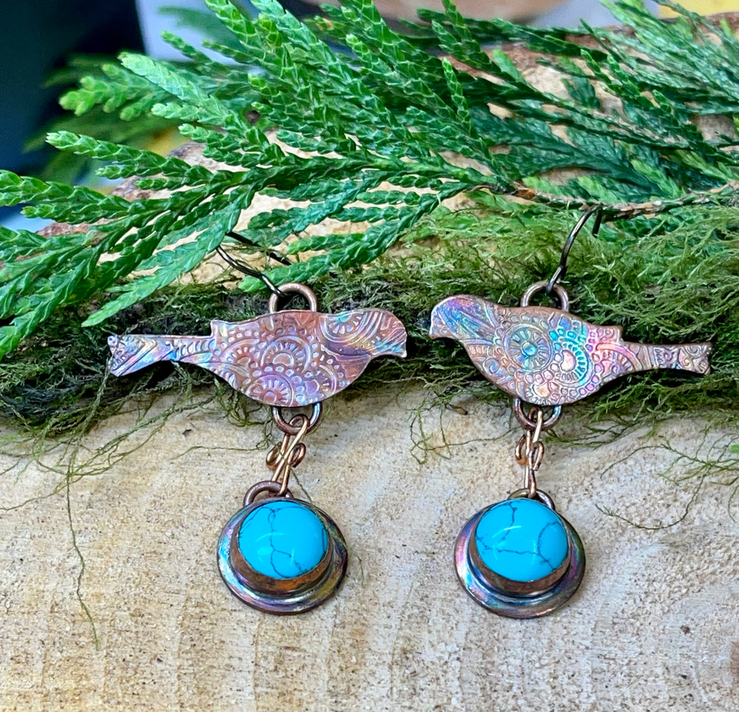 Copper Robin Shaped Earrings with Robin's Egg Turquoise Stone Dangle