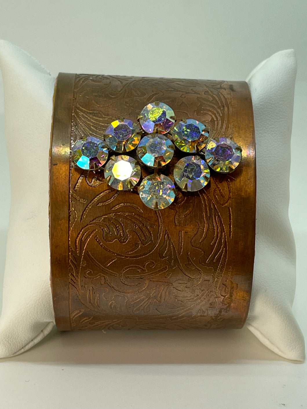 Copper Cuff Bracelet with Vintage Diamond Shaped Rhinestone Pin