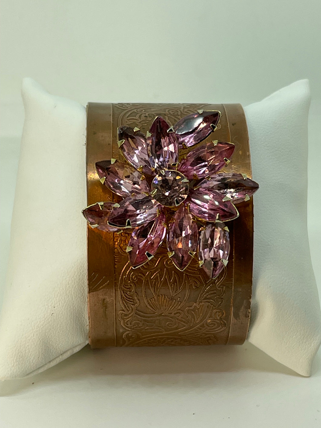 Copper Cuff Bracelet with Vintage Pink Swirl Rhinestone Pin